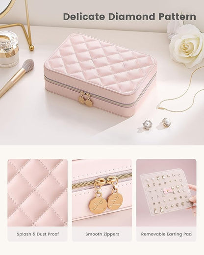 Lolalet Travel Jewelry Case for Women Girls, Travel Jewelry Organizer with Clear Storage Bag Small Portable Jewelry Box for Necklace Bracelet Earring Ring Birthday Bridesmaid Gifts -Large/Pink