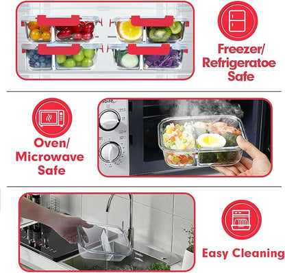 VERONES 10 Pack Glass Meal Prep Containers 2 Compartment Set, 30 OZ Airtight Glass Lunch Containers, Food Storage Containers with Lids, for Microwave, Oven, Freezer & Dishwasher Friendly，Red