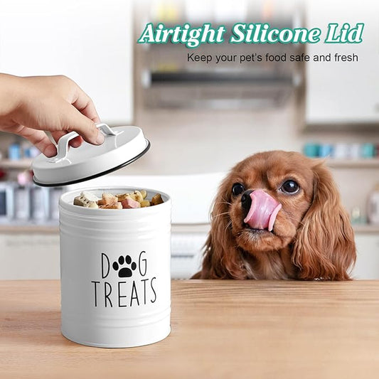 Small Dog Treat Container Airtight - 6" Tall X 4.9" Round White Dog Treat Jar for Kitchen Counter - Rustic Treat Storage Canister for Dogs, Cats, Small Animals - Gifts for Pet Owners