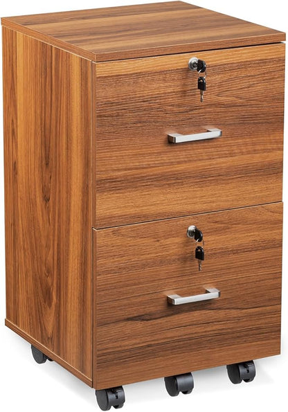 VINGLI 2 Drawer File Cabinet with Lock, Wood Grain Walnut File Cabinet for Letter Size File Folders with Tabs, Under Desk Rolling File Cabinets for Home Office, Mobile Filing Cabinet Printer Stand