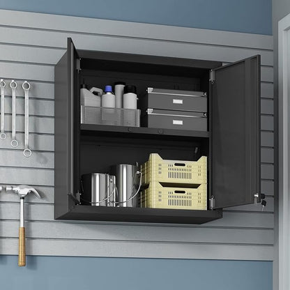 Manhattan Comfort Fortress Floating Garage Storage Cabinet with Adjustable Shelves and Lock, Recessed Handles, Metal Wall Mounted Lockable Utility Cabinet, Steel Garage Storage in Charcoal Gray