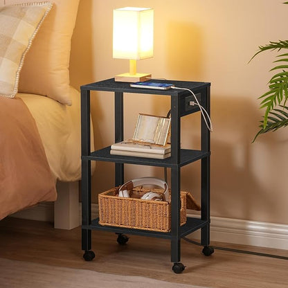 HOOBRO 3-Tier Printer Stand with Charging Station, Under Desk Printer Table, Printer Cart with Storage Shelves, Shelf for Small Spaces, for Home Office, Black BK63UPS01