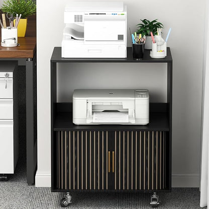 Printer Stand with Storage, File Cabinets with Sliding Doors, Rolling Printer Cart Under Desk with Open Storage Shelf for Home Office, Workspace (Black, 23.62" L)