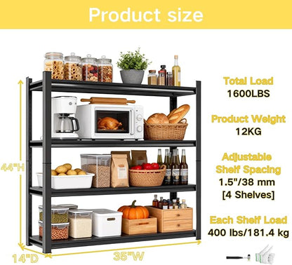 Kitchen Storage Shelves, 44''H*35''W Microwave Stand, Adjustable Metal Shelving, 1600LBS Bakers Rack, Black Kitchen Shelf, 4-Tier Shelving Unit for Bathroom, Pantry, Laundry, Closet, Garage