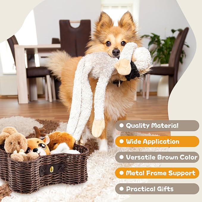 Barydat 2 Set Large Small Dog Toy Basket with Lid Bone Shaped Basket for Dog Natural Wicker Woven Handmade Pet Puppy Toy Organizer and Storage Box Bin for Cats Brown