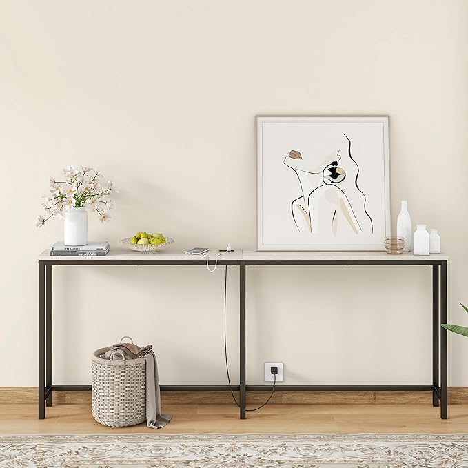 BOFENG 71.5 Inch Thin Console Table with Power Outlets,Narrow Sofa Table with Charging Station,Long Side Table Behind Sofa Couch Table for Entryway,Hallway,Living Room,Foyer,Natural Oak