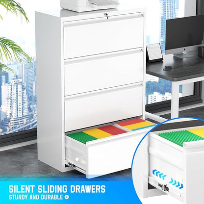 Greenvelly 4 Drawer File Cabinet, Lateral Filing Cabinet for Home Office, White Metal File Cabinet with Lock, Lockable Lateral File Cabinet with Hanging Files&Key for Letter/Legal/F4/A4