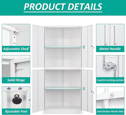 Metal Storage Cabinet with 3 Adjustable Shelves,White Storage Cabinet with Lock,71" Lockable Metal Cabinets with Locking Doors,Tall Steel Pantry Cabinets 4 Door for Home,Office,Garage,Bathroom,Kitchen