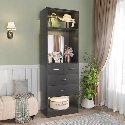 Unikito 25 Inch Closet System with 4 Drawers, 2FT Wood Closets Organizer with Storage Shelves and Mirror Design, Freestanding Sturdy Walk in Closet Tower for Bedroom, 25" W x 16" D x 80" H, Black