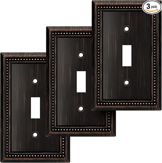 Henne Bery Sunken Pearls Heavy Duty Decorative Wall Plate Switch Plate Outlet Cover (Single Toggle, 3 Pack, Aged Bronze)