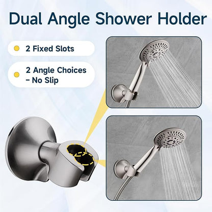 BRIGHT SHOWERS Handheld Shower Head Holder with Dual Angle Positions, Wall Suction Bracket Includes Adhesive 3M Disc, No Tools Required and Easy Installation, Brushed Nickel Finish