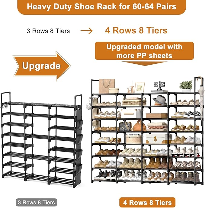 WOWLIVE Extra Large Shoe Rack, 4 Rows 8 Tier 56-64 Pairs Big Tall Metal Shoe Organizer, Stackable, Large Capacity Boot Rack Storage Organizer for Entryway, Closet, Garage, Black