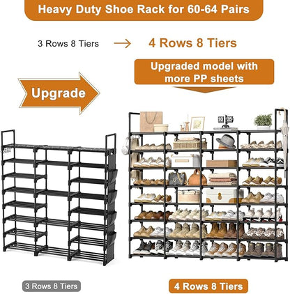 WOWLIVE Extra Large Shoe Rack, 4 Rows 8 Tier 56-64 Pairs Big Tall Metal Shoe Organizer, Stackable, Large Capacity Boot Rack Storage Organizer for Entryway, Closet, Garage, Black
