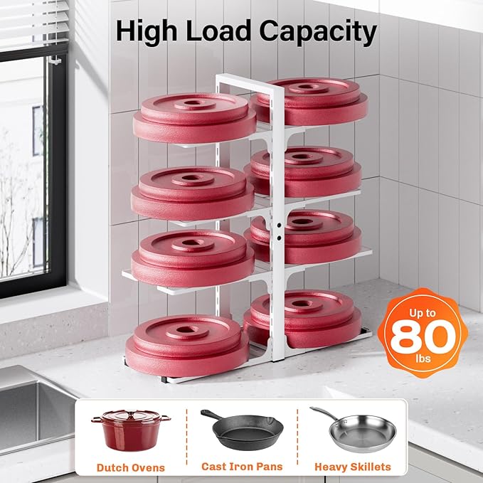 MUDEELA 8-Tier Pots and Pans Organizer under Cabinet, Heavy Duty Adjustable Pot Pan Organizers inside Cabinet, Kitchen Cabinet Organizers and Storage Pot Rack for Big Stockpots, Heavy Cookware, White