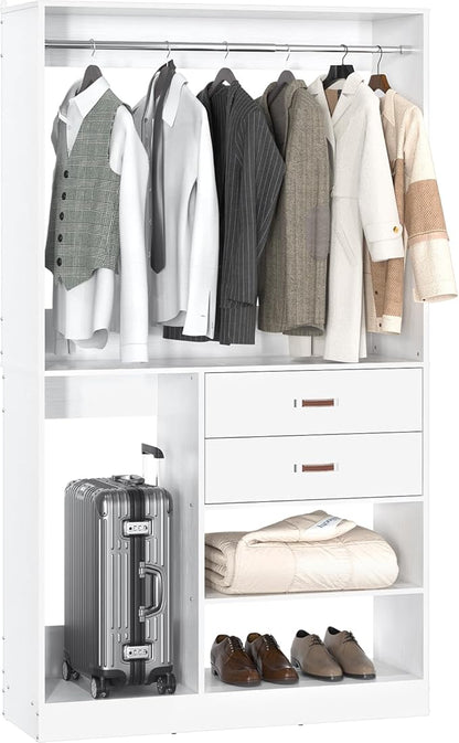 Armocity Freestanding Closet System with Suitcase Storage, 40 Inches Stand-Alone Wardrobe with 2 Wood Drawers, 80'' Height Adjustable Cloth Garment Rack, Walk-in Closet with Hanging Rod, White