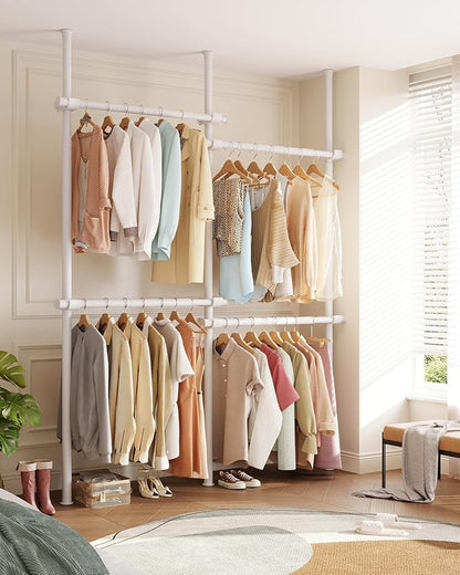Floor to Ceiling Clothes Rack, Heavy-Duty Telescopic Garment Rack, 43–122in Height & 30–47in Width, 220lbs Total Load Capacity, 4-Pole, White