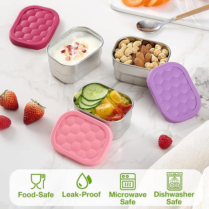 3 Pack Stainless Steel Snack Containers for Kids, 8 oz Easy Open Leak Proof Small Toddler Snack Containers with Silicone Lids, Stackable Metal Lunch Box for Daycare and School (Pink)