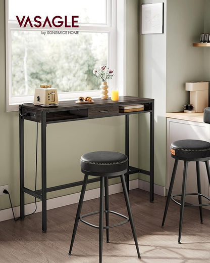 VASAGLE Bar Table with Power Outlets, 47.2 Inches Long Bar Height Pub Table, Rectangular High Top, with Movable Drawer, 2 Hooks, Narrow Storage for Kitchen, Dining, Entryway, Ash Brown