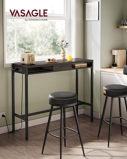 VASAGLE Bar Table with Power Outlets, 47.2 Inches Long Bar Height Pub Table, Rectangular High Top, with Movable Drawer, 2 Hooks, Narrow Storage for Kitchen, Dining, Entryway, Ash Brown