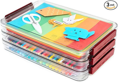A4 Storage File Box 9 X 13 Clear Stackable Slim Plastic Portable Project Case For Letter Paper Photo Documents Scrapbook, 3 Count