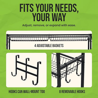 SpaceWise Sports Equipment Organizer – Garage Ball Storage Rack with Hooks, Baskets, Wheels & Detachable Portable Side Cart, Golf Organizer, Gym Equipment & Toy Storage Solution, Charcoal Finish