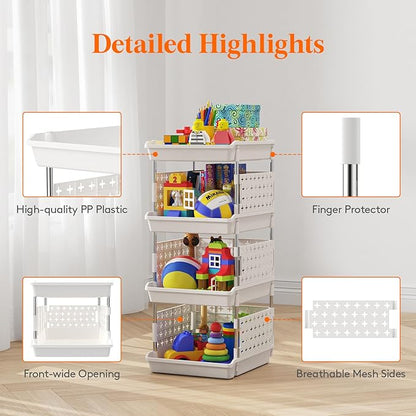 Lifewit Plastic Stackable Storage Baskets, 4 Tier Stacking Bins for Food and Clothes, Multifunctional Organizer for RV, Kitchen, Playroom, Pantry, White, 35 x 30 x 72 cm/14 x 12 x 28 inch, 2 Pack