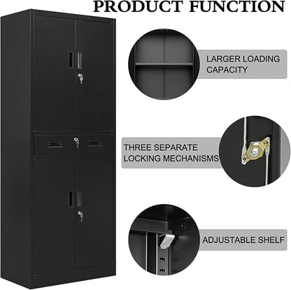 CJF Metal Storage Cabinet, 71" H Locking Storage Cabinet with Drawer and Adjustable Shelves, Steel Cabinets for Garage, Home Office, Kitchen (Black)