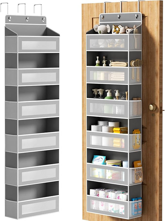 Over The Door Organizer with 6 Large Pockets, Over the Door Storage 12 Side Pockets, Hanging Door Organzier 44 lb Load Behind Door Storage Hanging Shelf for Closet Wall Bathroom Nursery, 6-Tier Grey