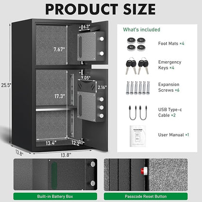 6.0 Cu Ft Large Safe Box Fireproof Waterproof, Money Safe With Mute Function and LED Light,Digital Keypad Home Safes with Deposit Slot & Dual Alarm System, Security Box for Money Valuables
