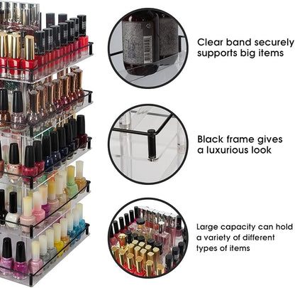 J JACKCUBE DESIGN Nail Polish Organizer, 5 Tier Acrylic 360 Rotating Display Rack Stand Makeup Cosmetics Storage Box Carousel Shelf with Black Iron Guard, Hold Up to 310 – MK302-5