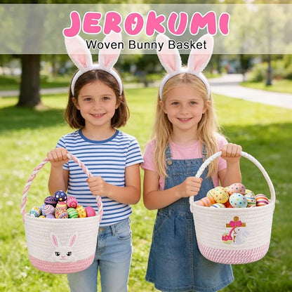 Baby Easter Basket & Gift Basket - Pink White Cross Bunny Woven Cotton Rope Basket with Handle, Empty Egg Hunt Basket for Girls, Boys, Toddlers