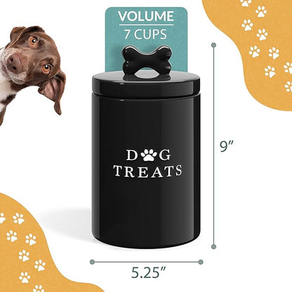 Barnyard Designs Large Dog Treat Container Airtight with Lid, Cute Rustic Ceramic Dog Treat Storage Jar for Kitchen Counter (Black)