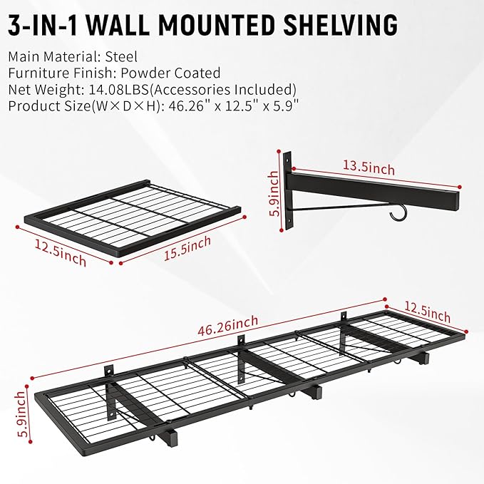 2 Pack Garage Wall Shelves, 46"X 12.5" Garage Shelving Wall Mounted, Heavy Duty Shelf Organizer with 8 Hooks, Black Floating Storage Metal Rack 320 LBS Capacity for Laundry Room, Office, Basement