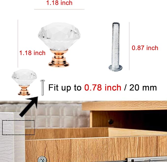 YourGift 6 Pack Drawer Knobs Diamond Shaped Crystal Glass 30mm Cabinet Knobs Pull Handles (30mm, 6 Pack, Rose Gold)