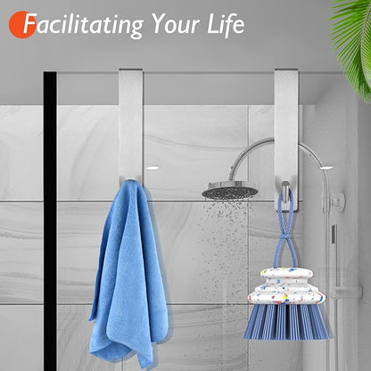 Shower Door Hooks(10 Inch),Extended Over Door Hooks for Bathroom Frameless Glass Shower Door,Stainless Steel Towel Hooks,Heavy Duty Rack Hooks for Robe,Towel-4 Pack-Silver