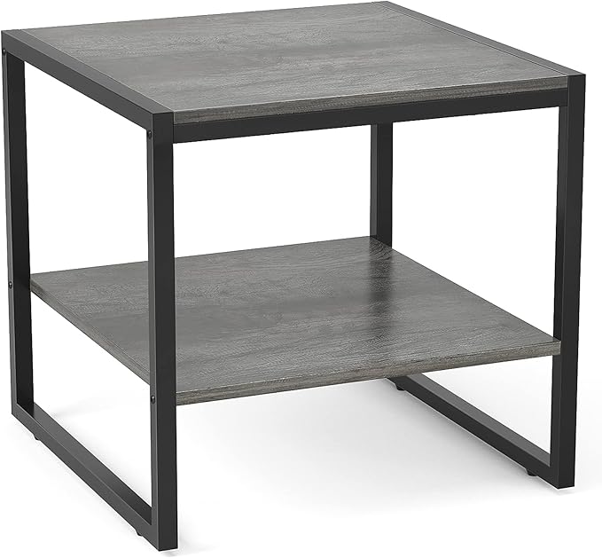 Homieasy End Table, 20 Inch Square End Table, Mini Fridge Stand with 2-Tier Storage Shelves, Industrial Wood Side Table Small Table Stand for Living Room, Bedroom, Office, Black Oak