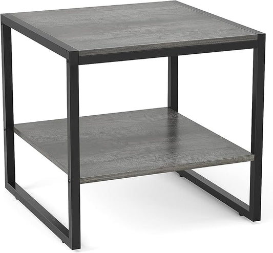 Homieasy End Table, 20 Inch Square End Table, Mini Fridge Stand with 2-Tier Storage Shelves, Industrial Wood Side Table Small Table Stand for Living Room, Bedroom, Office, Black Oak