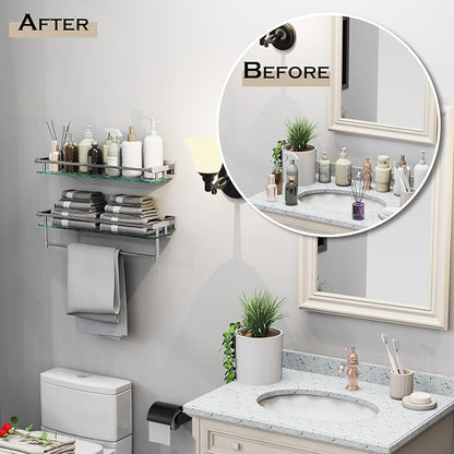 Glass Shelf for Bathroom Wall Sheves 24 inches Rectangular Stainless Steel Tempered Glass Modern Wall Mount Accessories Organizers Storage (Chrome Polished, 24‘’)