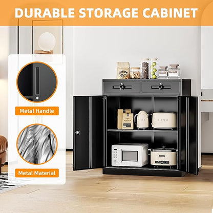 INTERGREAT Metal Storage Cabinet with 2 Drawers, 36" H Metal Cabinets with Doors and Shelves, Garage Cabinet with Lock for Home Office, Garage, School, Apartment,Warehouse,Black