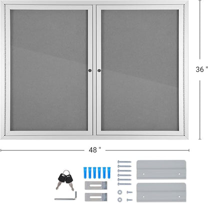 INNOVART Enclosed Bulletin Board 48” x 36”, Lockable Fabric Noticeboard with Aluminum Frame, Wall Display Case with 2 Swing-Open Doors Grey Felt, Information Cabinet for School, Office, Commercial