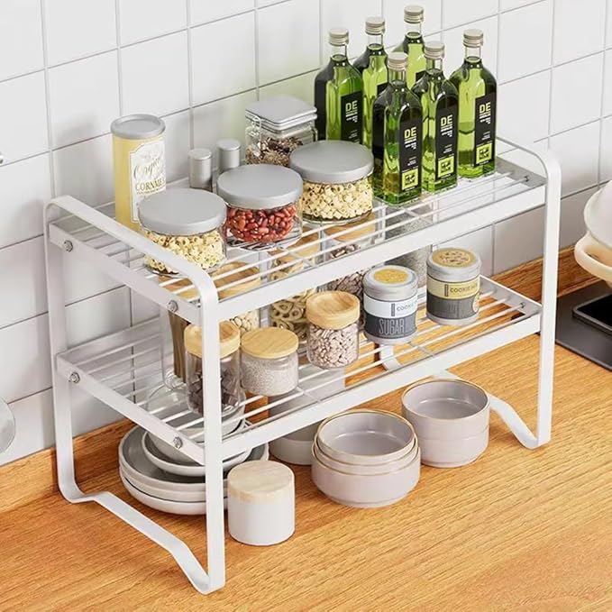 Hbluefat Metal Desktop Shelf Organizer, Small Desk Bookshelf for Home Office, Table Top Storage Shelf, Multipurpose Metal Desk Organizer for Books, Office Supplies, Home Decor (White, 2 Tier)