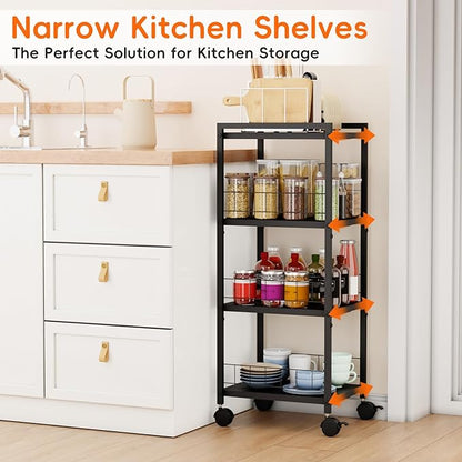 Expandable Slim Storage Cart with Wheels, 4 Tier Narrow Metal Rolling Utility Cart Organizer Adjustable Open Floor Shelf Unit for Small Spaces Bathroom Laundry Room Kitchen