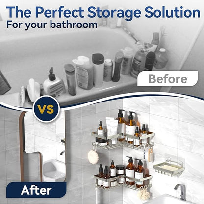 YASONIC Corner Shower Caddy, 3-Pack Adhesive Shower Caddy with Soap Holder and 12 Hooks, Rustproof Stainless Steel Bathroom Organizer, No Drilling Wall Mounted Shower Rack, Nickel