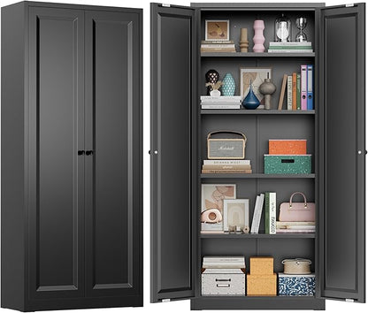 Greenvelly Metal Cabinet, 63" H Black Metal Storage Cabinet with Doors and 4 Shelves, Pantry Storage Cabinet for Kitchen, Bedroom, Living Room, Office (Modern)
