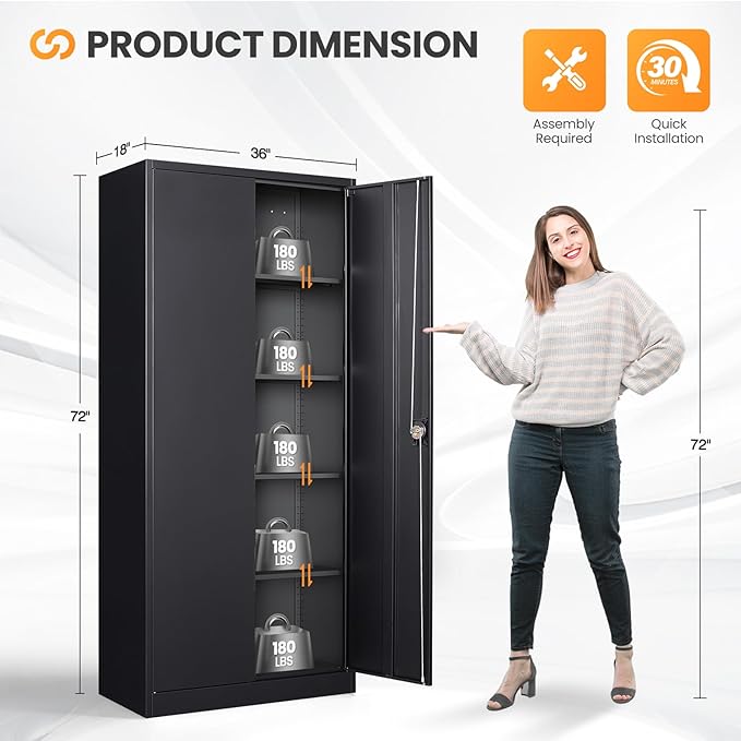 Metal Garage Storage Cabinets with Lock, 72" Tall Tool Cabinet with 2 Door and 4 Adjustable Shelves, Locking Garage Cabinets and Lockable Steel Locker for Home Office Warehouse - (Black-72”H)