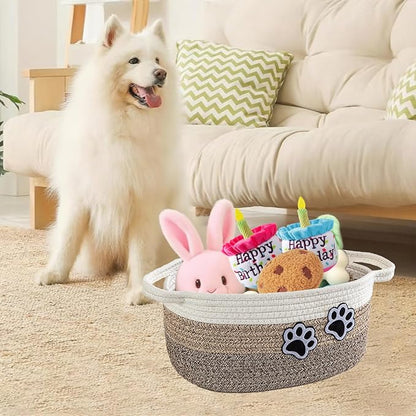 Small Woven Cotton Rope Nursery Organizer Bins, Dog Toy Basket Bins with Handle, Cute Empty Baby Gift Storage Baskets with Paw