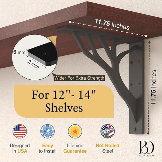 Rustic Tree Black Heavy Duty Shelf Brackets 12 inch by Balin Designs, Decorative L Brackets for Shelves, Metal Fireplace Mantel Large Shelf Bracket, Shelving Bracket, Included Hardware, Set of 2