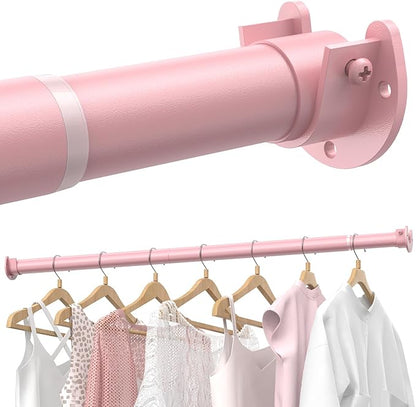 Closet Rods for Hanging Clothes, 17 to 69 Inches Stepless Adjustable Metal Closet Rod, 1.3 Inches Heavy Duty Clothes Hanging Rod for Closet Wardrobes Laundry RV, Pink