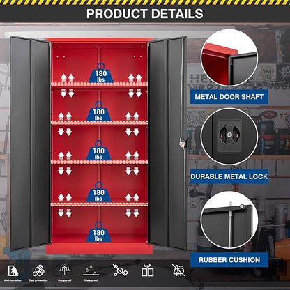 Metal Storage Cabinet-72” Tall Steel File Cabinets with Lockable Doors and Adjustable Shelves-Black&Red Steel Storage Cabinet for Kitchen, Office, Garage