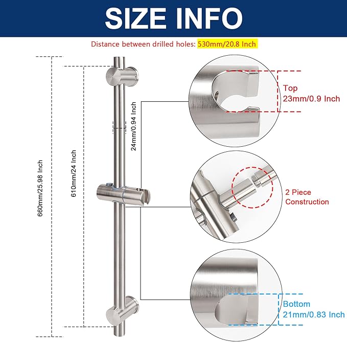 NearMoon Slide Bar with Height/Angle Adjustable Handheld Shower Holder, Bathroom SUS 304 Stainless Steel Head Holder for Bath (Screw Mounted, Brushed Nickel)